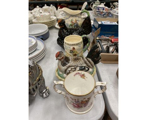 TWO VINTAGE HEN CROCKS, A HAMMERSLEY TWIN HANDLED CUP PLUS A CROWN DEVON FIELDINGS MUSICAL JUG AND MUG 