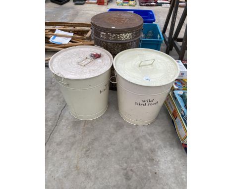 A PAIR OF ENAMEL WILD BIRD FOOD BINS AND A DOG FOOD BIN 