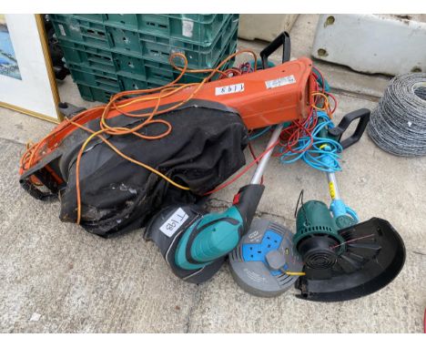 AN ASSORTMENT OF GARDEN POWER TOOLS TO INCLUDE STRIMMERS AND A LEAF BLOWER ETC 