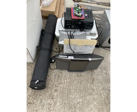 AN ASSORTMENT OF ITEMS TO INCLUDE A JVC CD PLAYER, A PRINTER AND FREEVIEW BOXES ETC 