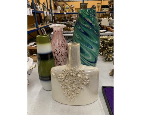 TWO LARGE STUDIO GLASS VASES PLUS TWO CERAMIC VASES 