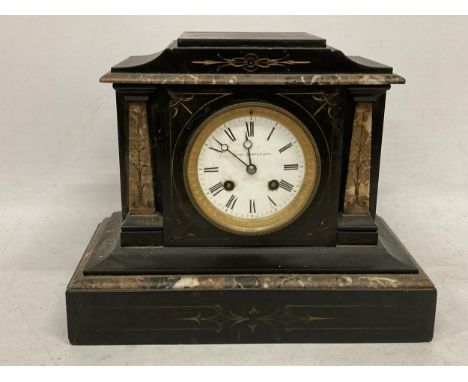 AN ANTIQUE RHODES &amp; SONS BLACK MARBLE SLATE MANTLE CLOCK 