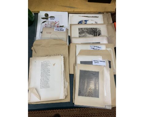 A LARGE COLLECTION OF VINTAGE PRINTS TO INCLUDE ARTHUR RACKHAM, D Y CAMERON SIGNED ENGRAVINGS, WALTER CRANE, ETC 