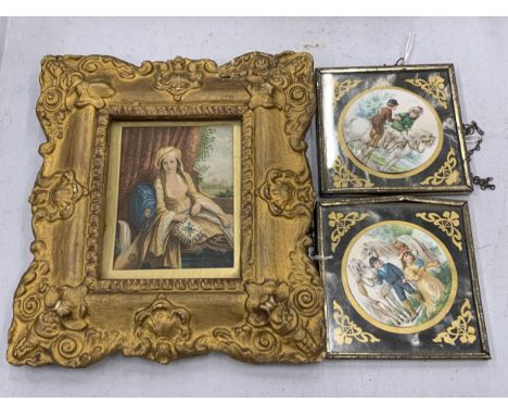 A SMALL GILT FRAMED PORTRAIT PLUS TWO MINIATURES OF CHILDREN ON PONIES 