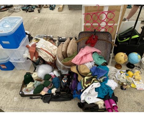 A LARGE ASSORTMENT OF ITEMS TO INCLUDE KNITTING YARN, CURTAINS, CUSHIONS AND MATERIAL ETC 