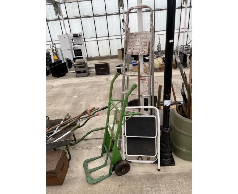 AN ASSORTMENT OF ITEMS TO INCLUDE A METAL SACK TRUCK AND TWO STEP LADDERS 