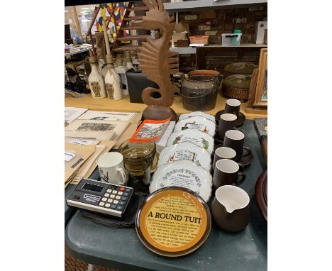 A QUANTITY OF MOTTO THEMED WALL PLATES, A WOODEN SEAHORSE SCULPTURE, VINTAGE REMINGTON CASIO-MINI CALCULATOR, CUPS, SAUCERS, 