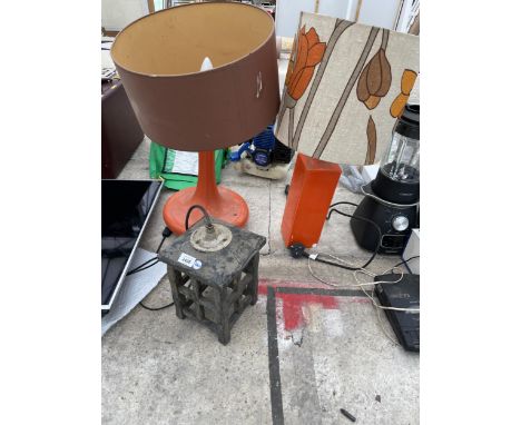 TWO RETRO ORANGE TABLE LAMPS AND A LANTERN CIELING LIGHT 