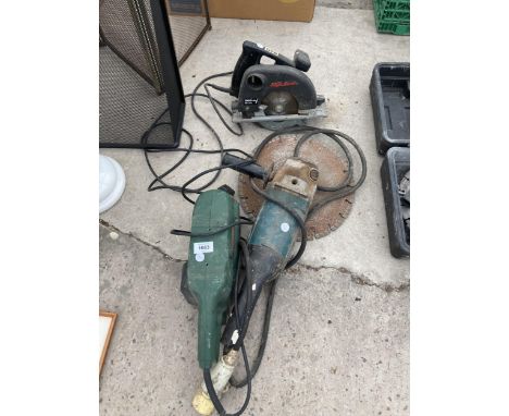 THREE VARIOUS POWER TOOLS TO INCLUDE A MAKITA ANGLE GRINDER AND A BOSCH BELT SANDER ETC 