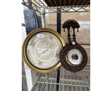 A GILT FRAMED FRENCH BAROMETER AND A FURTHER WOODEN FRAMED BAROMETER 