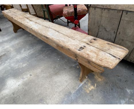 A LONG PINE BENCH, 10' 4" X 11" 