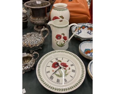 THREE PIECES OF PORTMEIRION 'BOTANIC GARDEN' WITH POPPY DESIGN TO INCLUDE A WALL CLOCK, VASE AND JUG 