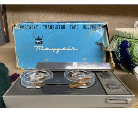 A BOXED VINTAGE MAYFAIR PORTABLE MODEL 1602 TRANSISTOR TAPE RECORDER 