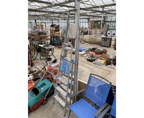 A SET OF ALLUMINIUM 3 RUNG STEP LADDERS AND A BELDRAY SIX RUNG ALLUMINIUM STEP LADDER 