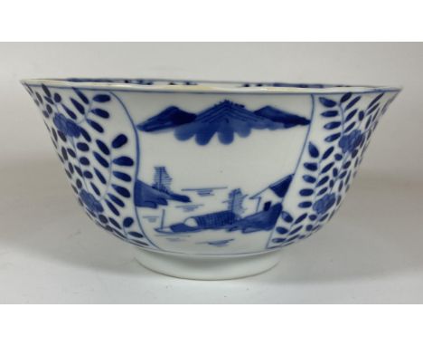 A 19TH CENTURY CHINESE KANGXI REVIVAL BLUE AND WHITE PORCELAIN BOWL, FOUR CHARACTER, DOUBLE RING MARK TO BASE, DIAMETER 15.5C