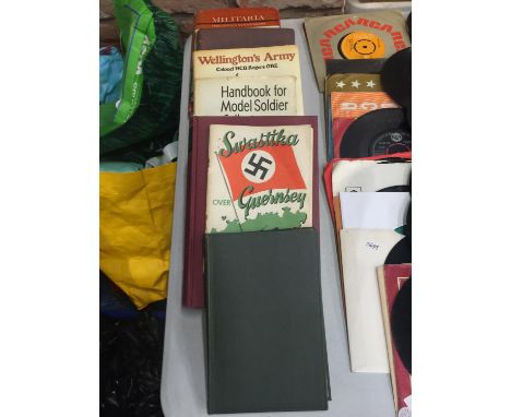 A QUANTITY OF VINTAGE MILITARIA BOOKS TO INCLUDE 'WELLINGTON'S ARMY', 'MY LIFE' BY SIR OSWALD MOSLEY, 'THE QUEEN OF THE AIR',