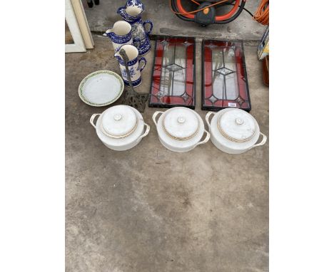 AN ASSORTMENT OF ITEMS TO INCLUDE BLUE AND WHITE CERAMIC JUGS, WINDOWS PANES AND TUREENS ETC 