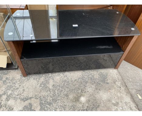 AN ICONIC DESIGN &amp; VISION TV STAND WITH GLASS TOP AND SHELF, 41.5" WIDE 