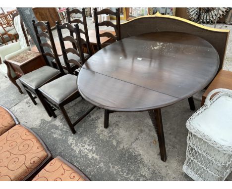 AN ERCOL BLUE LABEL DROP-LEAF DINING TABLE, 45 X 40" OPENED AND FOUR ERCOL LADDERBACK DINING CHAIRS 