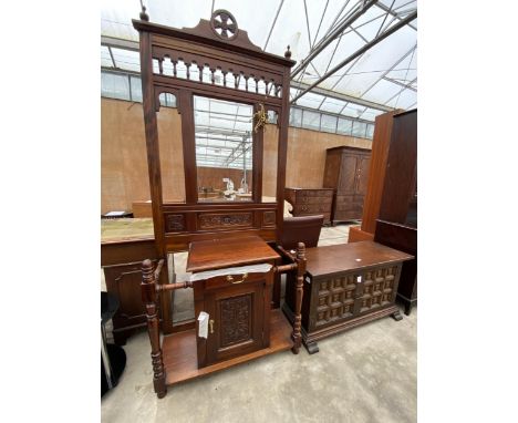 A VICTORIAN STYLE MAHOGANY MIRRORED HALL COAT/STICK STAND WITH CUPBOARD AND DRAWER TO THE BASE, 35" WIDE 