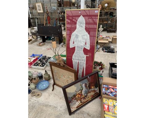 AN OAK FRAMED FIRE SCREEN, A FRAMED TAPESTRY AND A FRAMED IMAGE OF A KNIGHT 