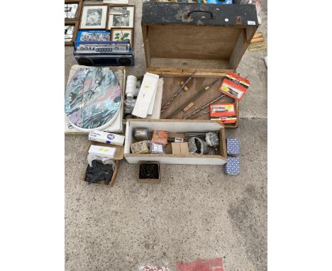A WOODEN TOOL CHEST WITH AN ASSORTMENT OF TOOLS AND HARDWARE TO INCLUDE SCREWS AND DRILL BITS ETC 