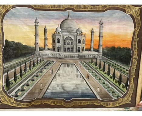 A VINTAGE INDIAN SILK PAINTING OF THE TAJ MAHAL, SIGNED S.K ART M.K 