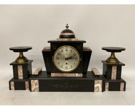 AN ANTIQUE THREE PIECE FRENCH 8 DAY PINK AND BLACK MARBLE MANTLE CLOCK AND GARNITURE SET 