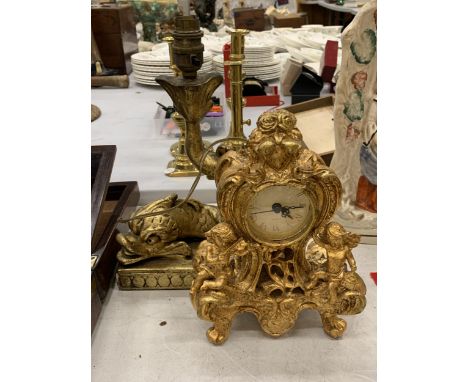 A VIANTAGE STYLE CLOCK WITH CLASSICAL GILT DECORATION PLUS A GILT TABLE LAMP IN THE FORM OF A FISH 
