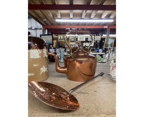 A COPPER AND BRASS ACORN TOP VINTAGE KETTLE AND A CHESTNUT ROASTER 