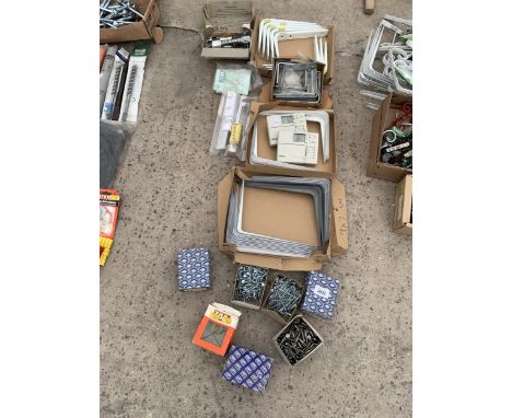 A LARGE ASSORTMENT OF HARDWARE TO INCLUDE SHELF BRACKETS AND SCREWS ETC 