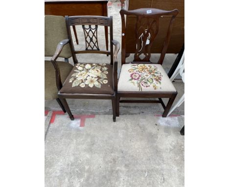 A MAHOGANY CHIPPENDALE STYLE DINING CHAIR AND MODERN MAHOGANY CARVER CHAIR 