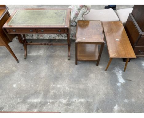 A RETRO TEAK COFFEE TABLE, TWO TIER TV TABLE AND REPRODUCTION SOFA TABLE 