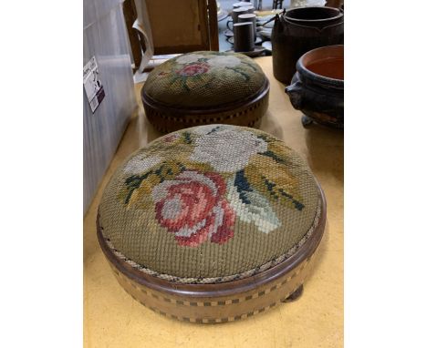 TWO VINTAGE FOOTSTOOLS WITH INLAID BANDING AND TAPESTRY TOPS 