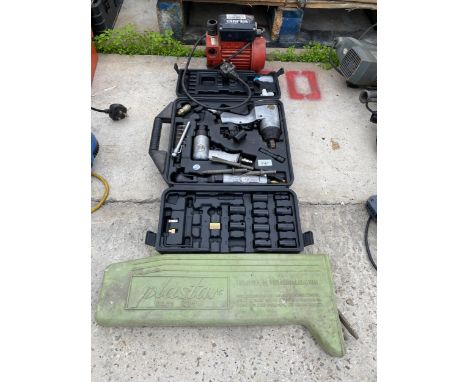 A COMPRESSOR RATCHET GUN SET, A WARNING TRIANGLE AND A CLARKE PUMP ETC 