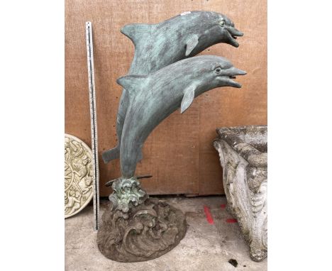 A BRONZE GARDEN WATER FEATURE FIGURE OF A PAIR OF JUMPING DOLPHINS (H:97CM) 
