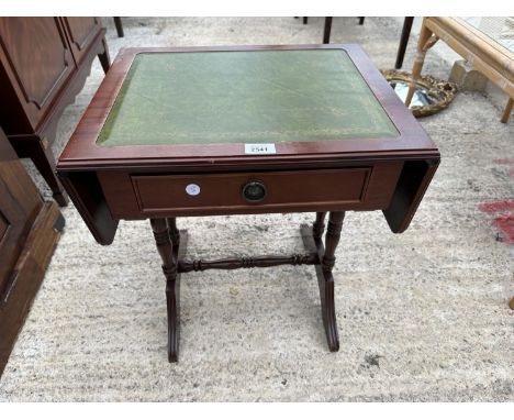 A MINIATURE SOFA TABLE WITH SINGLE DRAWER + INSET LEATHER TOP, 29.5 X 15" OPENED 