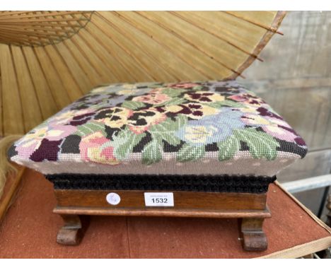 A VINTAGE OAK STOOL WITH TAPESTRY CUSHION 
