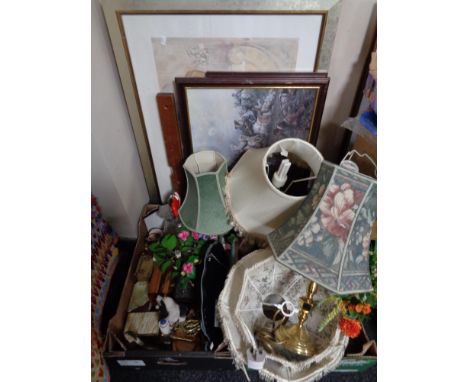 A quantity of pictures, two boxes of table lamp and lighting 