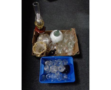 Two boxes of glass, brass and ceramic lamp etc 
