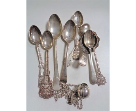 A collection of silver and white metal spoons, caddy spoon etc