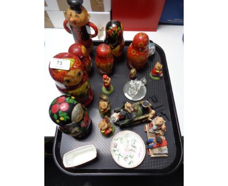 A tray of Russian doll figures, ceramic dish, Teddy ornaments etc 