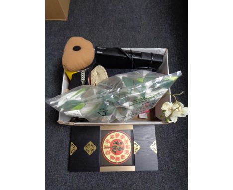 A box of household sundries to include tea light holders, artificial plants, wall clock, Freeview box etc 