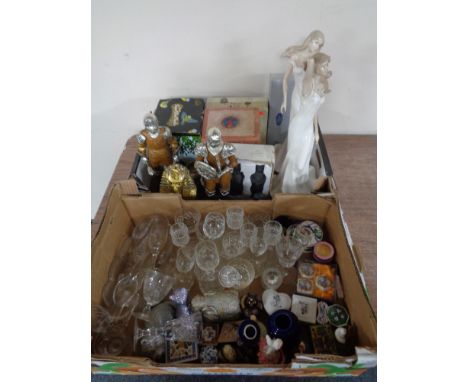 Two boxes of ceramic figures, glass, ornaments etc 