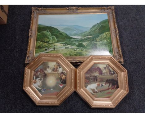 Two octagonal gilt framed prints depicting dogs playing with a cracker together with a gilt framed S. Percy landscape print 