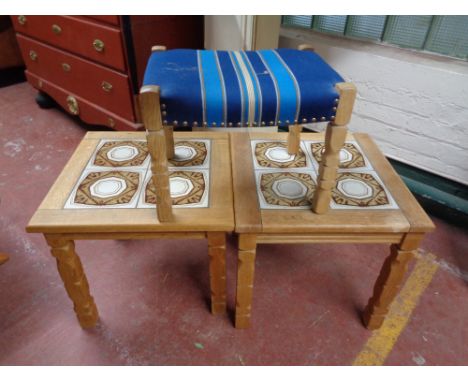 Two light oak occasional tables together with a stool 