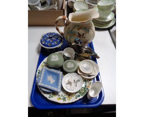 A decorative ceramic jug, Wedgwood pots etc 