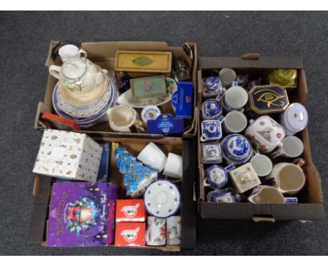 Three boxes of china, glass, Ringtons ware, Maling teapot etc 