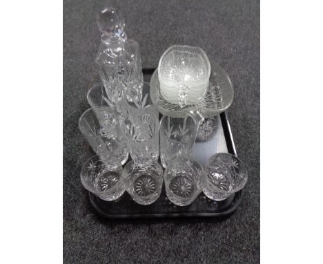 A tray of crystal, whisky glasses, decanter etc 