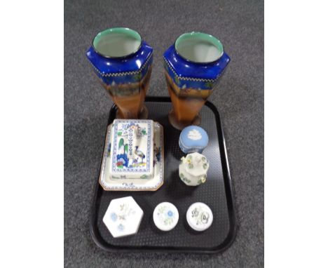 A pair of Tunstall ware vases decorated with Arabian landscapes, Wedgwood pill boxes, ceramic butter / cheese dish etc 
